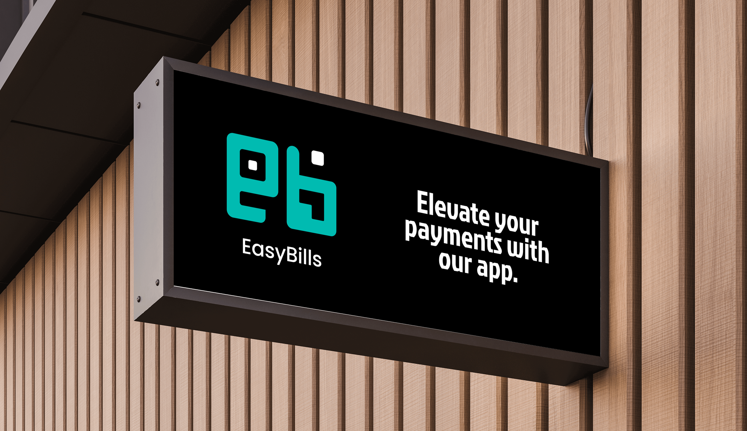 EasyBills illuminated storefront signage reading Elevate your payments with our app